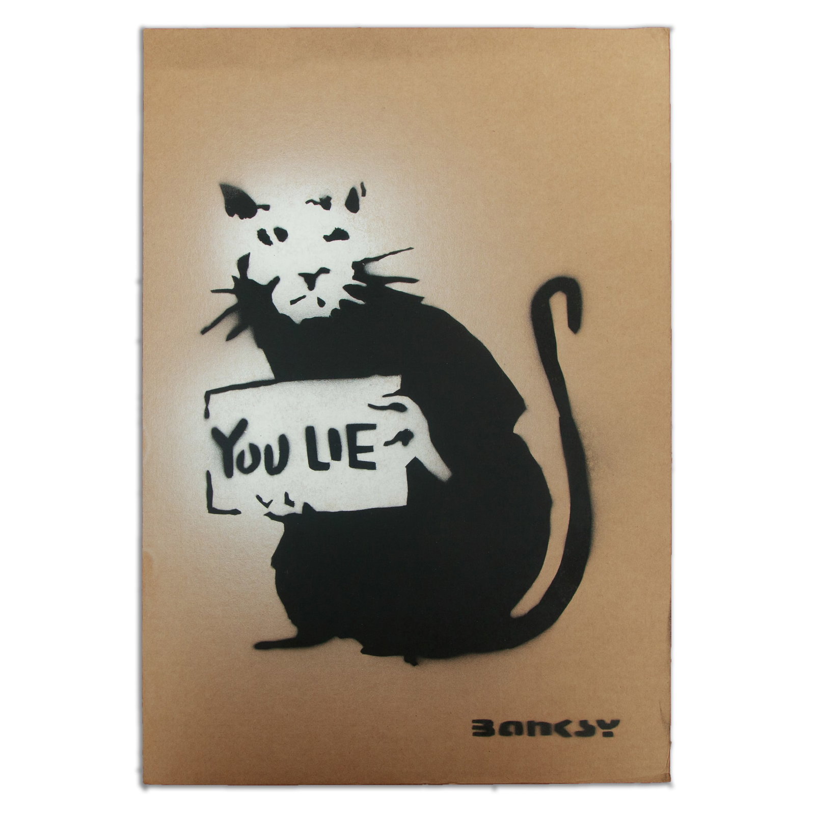 Compelling "After Banksy" Cardboard Artwork "The Accusing Rat": Title: Compelling "After Banksy" Cardboard Artwork Title: "The Accusing Rat" Artist: After Banksy Description: This offering at our auction is a striking and confrontational piece of cardboard art. Th