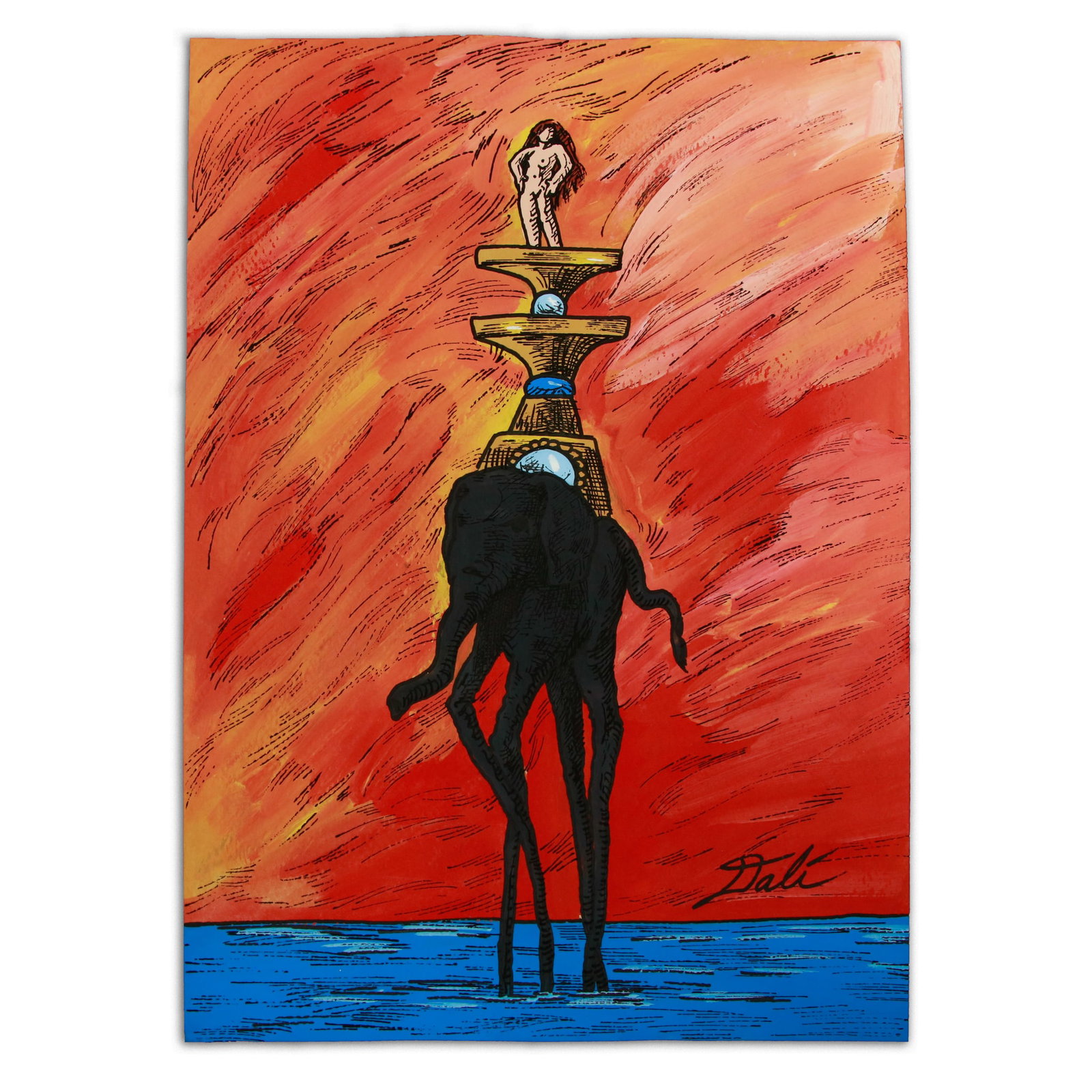 Salvador Dali Mixed Media on Heavy Card Stock: Title: This artwork features a striking scene where a woman stands gracefully atop a pedestal, which itself rests on a fantastically elongated, dark grey or charcoal elephant. Salvador Dali Mixed Medi