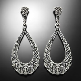 Art Deco intricate Filigree Teardrop Marcasite Dangle Earrings