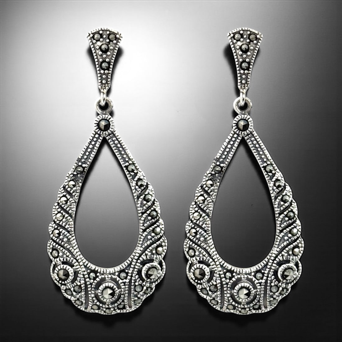 Art Deco intricate Filigree Teardrop Marcasite Dangle Earrings (1 of 1)
