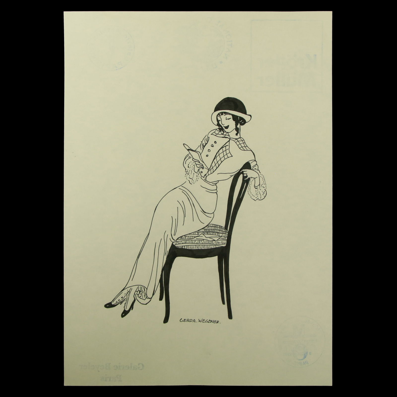 Gerda Wegener – Seated Woman in Fashionable Dress Mixed Media on Paper: Title: Gerda Wegener (Attributed) – Seated Woman in Fashionable Dress Mixed Media on Paper Details: Signed: “Gerda Wegener” in black, lower right Dimensions: 11.75 x 8.5 inches (shee