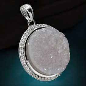 Large White Round Druzy Goode Sterling Silver Halo Pendant