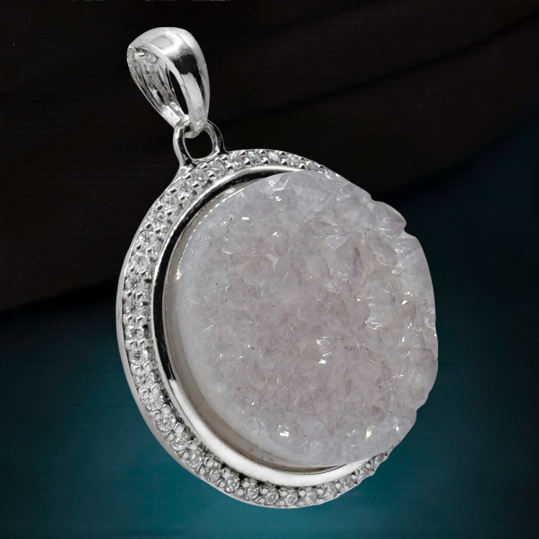 Large White Round Druzy Goode Sterling Silver Halo Pendant (1 of 2)