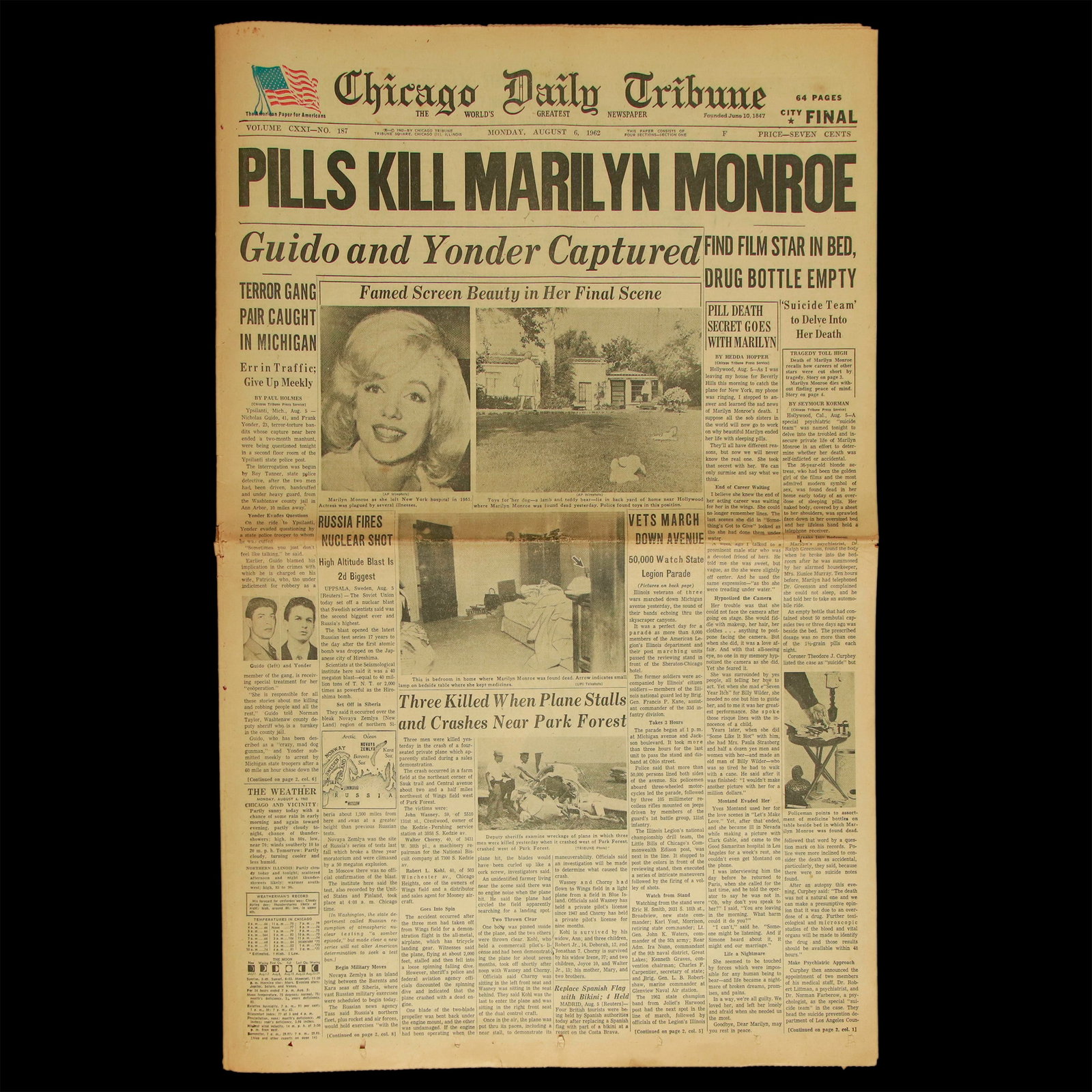 Chicago Daily Tribune – Historic Edition Announcing Marilyn Monroe’s Death: Title: Chicago Daily Tribune – Historic Edition Announcing Marilyn Monroe’s Death Historical Significance and Provenance: Available for auction is the Chicago Daily Tribune newspaper dated Monday,