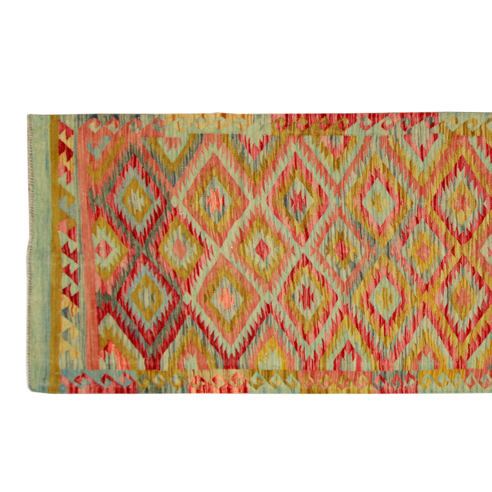 Distinctive Hand-Tied Kilim Rug, 3’4 x 9’7 Runner: Title: Hand-Tied Kilim Rug "Distinctive Hand-Tied Kilim Rug" Description: Presenting a remarkable hand-tied Kilim rug, celebrated for its fine quality and masterful craftsmanship. This flat weave wool