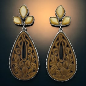 Carved Tiger Eye & MOP Elongated Teardrop Dangle Earrings