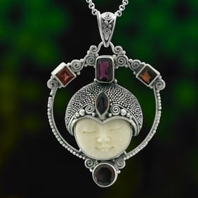 Bali Multi Gemstone Carved Face Goddess SS Pendant w/Chain