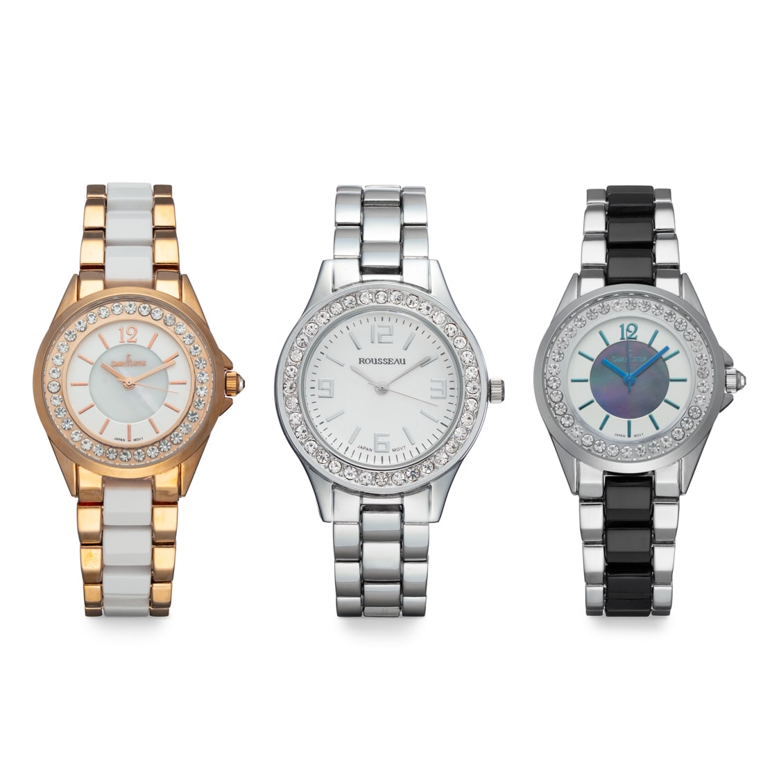 Set of 3 Ladies Crystal Bezel Fashion Watches: A stylish trio of women’s timepieces featuring crystal-accented bezels for extra sparkle. Includes a Charles Latour two-tone with white dial, a silvertone Rousseau, and a Charles Latour in silve