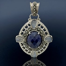 Enchanting Lapis, Moonstone, & Marcasite Sterling Silver Pendant