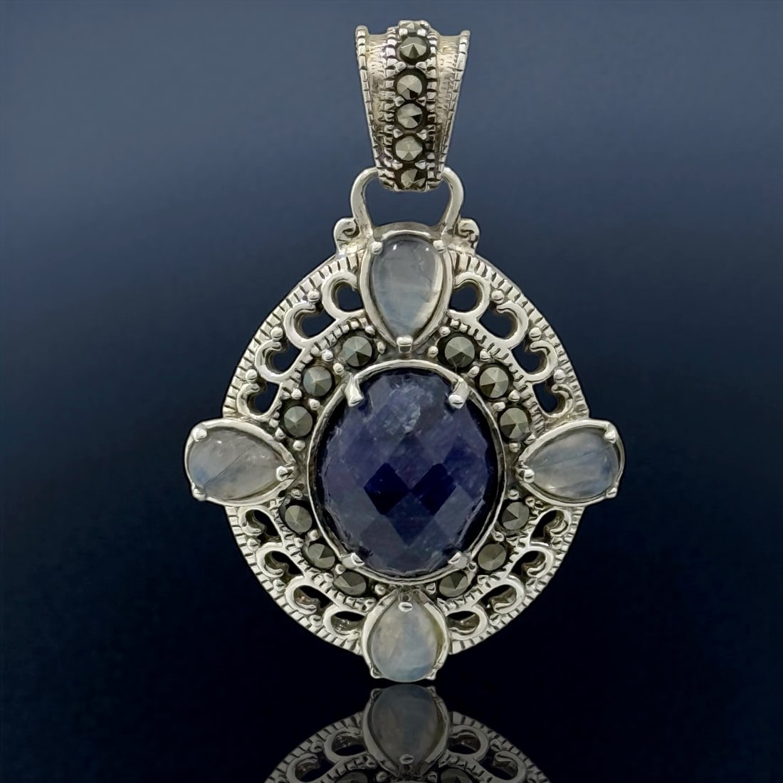Enchanting Lapis, Moonstone, & Marcasite Sterling Silver Pendant (1 of 1)