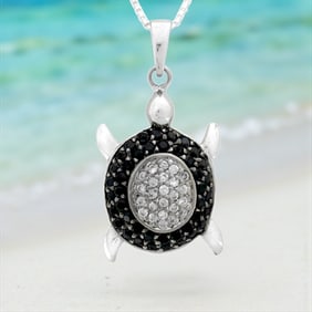Sterling Silver Black & Iolite CZ Turtle Pendant with Chain