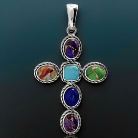 Multi Colored Stone Rope Design Sterling Silver Cross Pendant