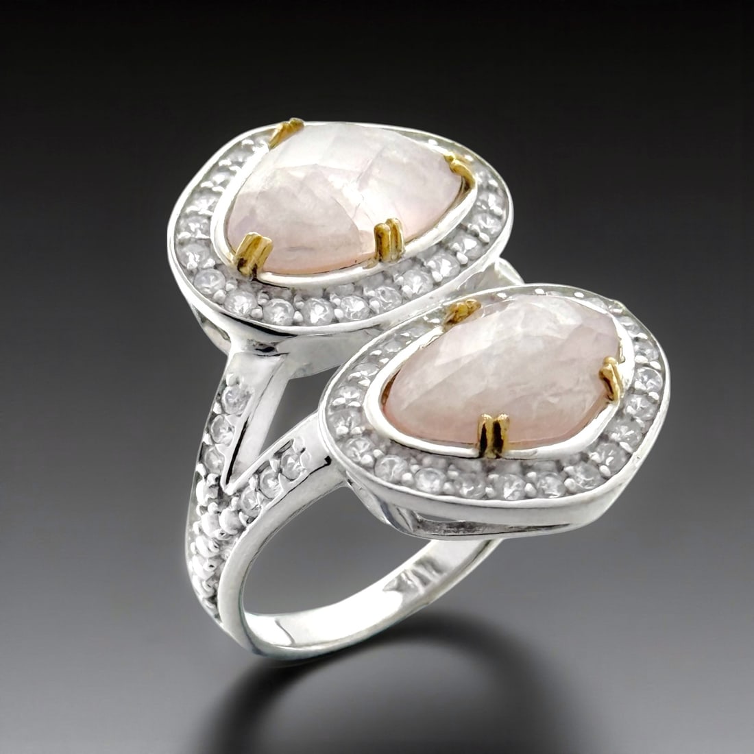 Rainbow Moonstone, Pink MOP, White Zircon Silver Ring - Size 9 (1 of 1)
