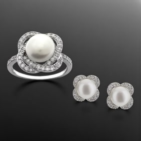 Pearl & CZ Sterling Silver Jewelry Set: Size 7 Ring & Earrings