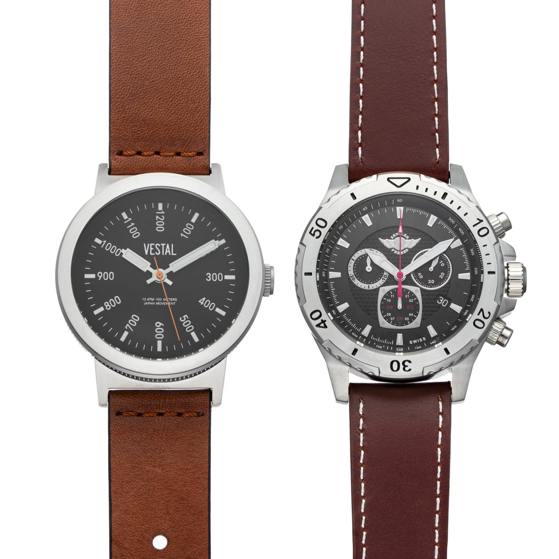 Set of 2 Men’s Watches – Vestal & Zentler Frères Collection: This distinguished two-piece set brings together bold design and Swiss precision. The Vestal Retrofocus Unisex Watch draws inspiration from vintage camera lenses, featuring a unique ISO-level hour dis