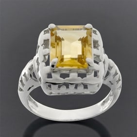 Emerald Cut Citrine Openwork Design Silver Ring - Size 7
