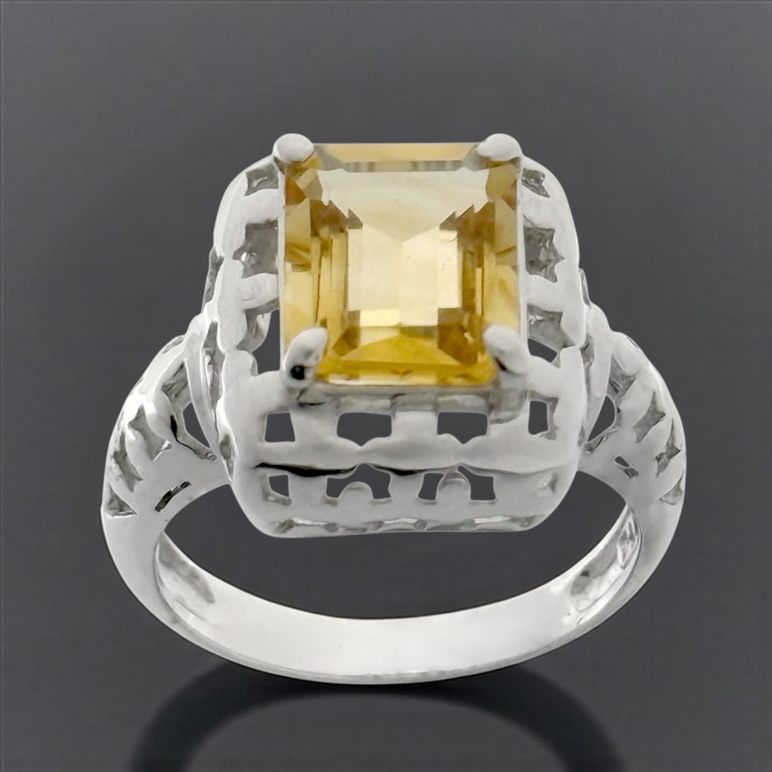 Emerald Cut Citrine Openwork Design Silver Ring - Size 7 (1 of 1)