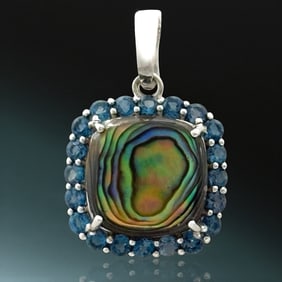 Irisdescent Abalone Shell & London Blue Topaz SS Halo Pendant