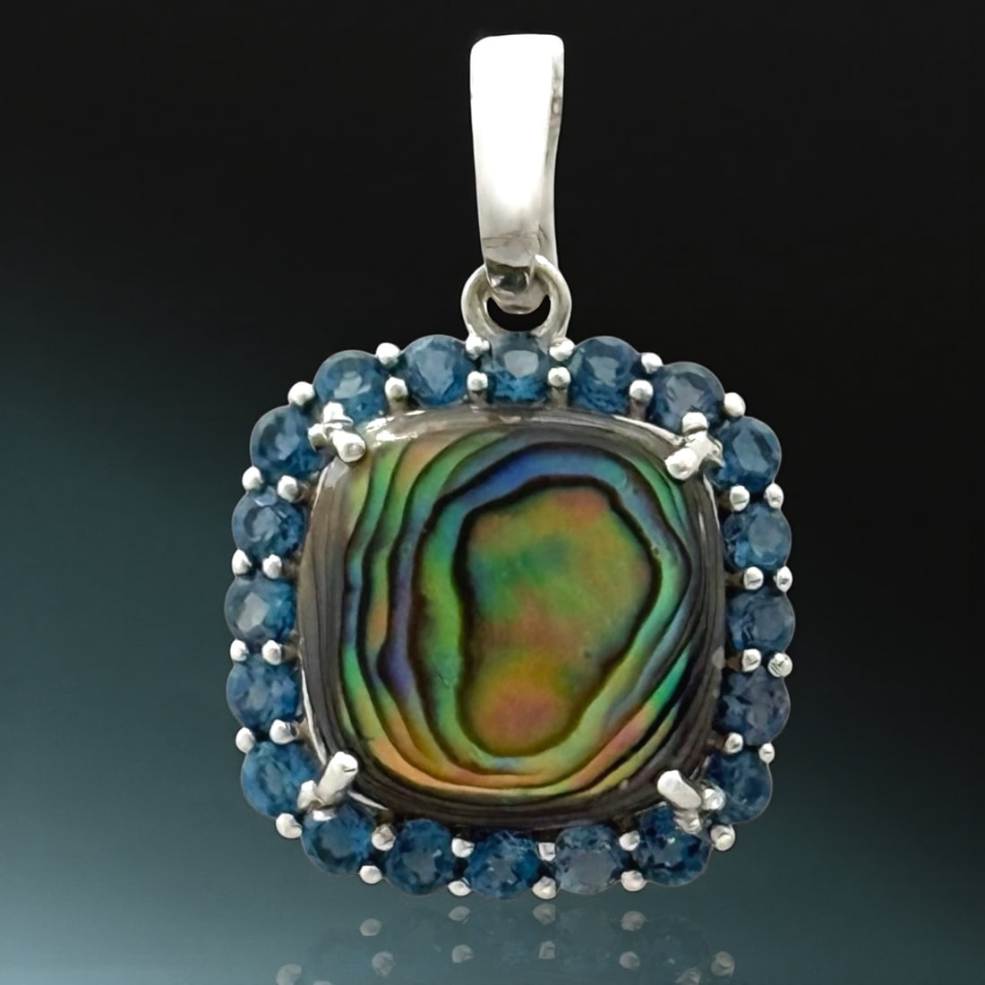 Irisdescent Abalone Shell & London Blue Topaz SS Halo Pendant (1 of 1)
