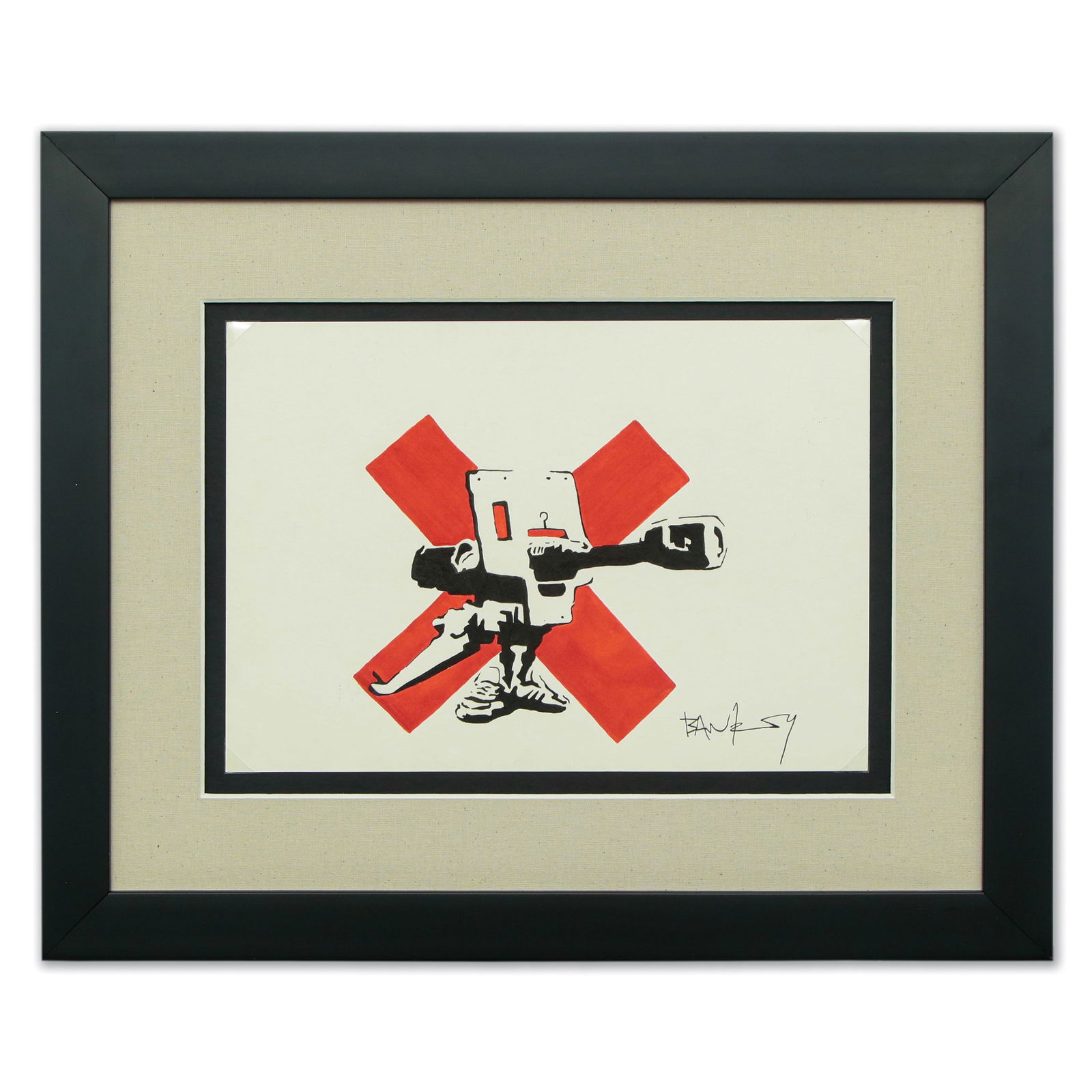 Rare Banksy Mixed Media Drawing - "Bad Meaning Good" (2002): Title: Rare Banksy Mixed Media Drawing - "Bad Meaning Good" (2002) Description: We are excited to present a compelling example of early 21st-century street art. This mixed media marker drawing titled