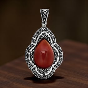 Carnelian & Marcasite Victorian Style Silver Pendant