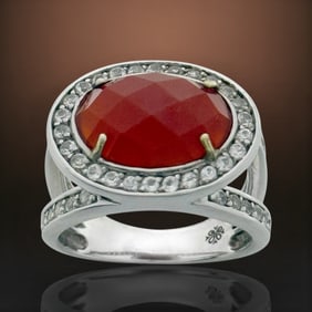 Split Shank Design Carnelian & White Topaz Halo Ring-Size 7