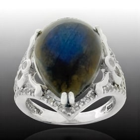 Pear Shaped Labradorite Floral Design Statement Ring - Size 7