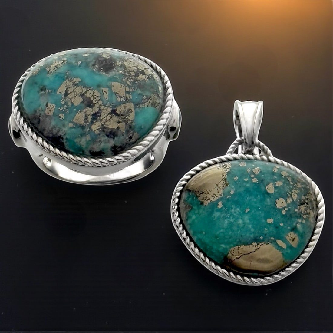 Sterling Silver Organic Shaped Campo Frio Turq Pendant&Ring SZ8 Set: Product Details Item: Metal: Sterling Silver Gemstone: Campo Frio Turquoise Approximate Measurements: Ring: Width: 22.7 mm Pendant: 34.4 mm X 25.9 mm Ring Size: 8 Chain Length: Not Applicable