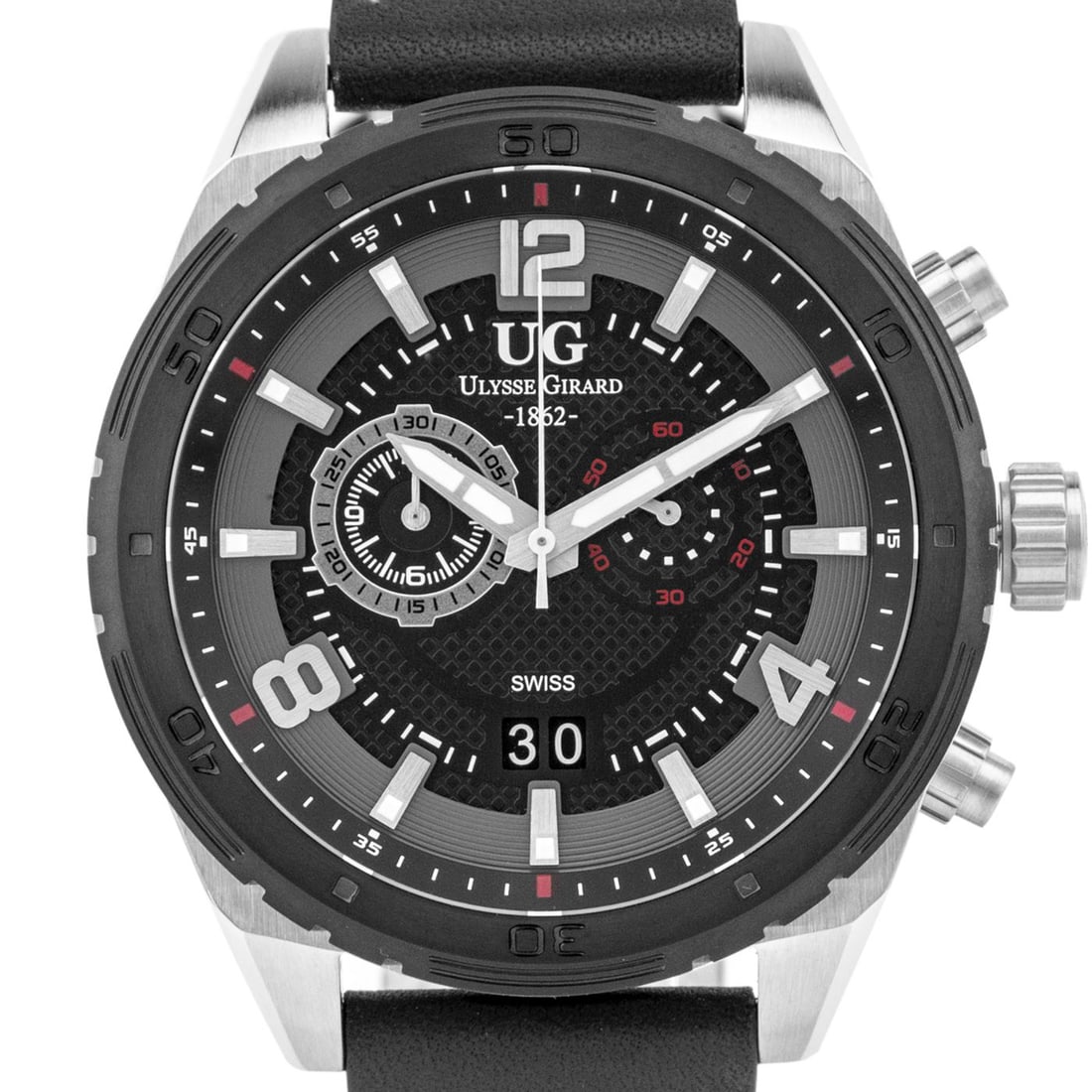 Ulysse Girard Bombardier Swiss Chronograph Watch – 48mm: The Ulysse Girard Bombardier is powered by a Swiss Ronda 5020.B chronograph movement, delivering precision and reliability. Its bold 48mm stainless steel case is complemented by a scratch-resistant sa