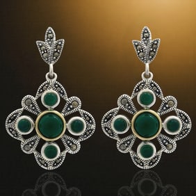 Green Agate & Marcasite Sterling Silver Dangle Earrings