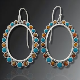 Spiney Oyster & Turquoise Large Oval Frame Hoop Silver Earrings