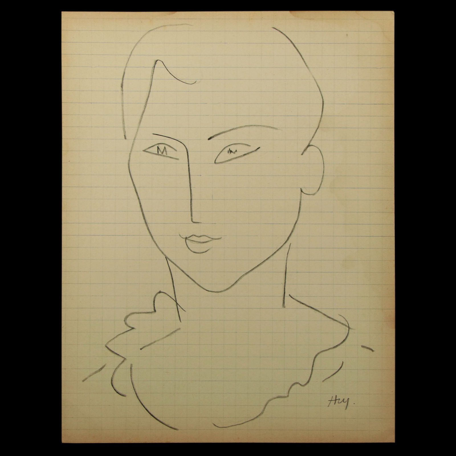 Woman with Lace Collar Graphite on Paper: Title: Woman with Lace Collar Overview: Medium: Graphite on Paper Dimensions: 8.5 x 6.5 inches Signature: Signed "Hry" on the bottom right Provenance: Gallerie Arts Louise Leiris, 15 Rue Richepance, P