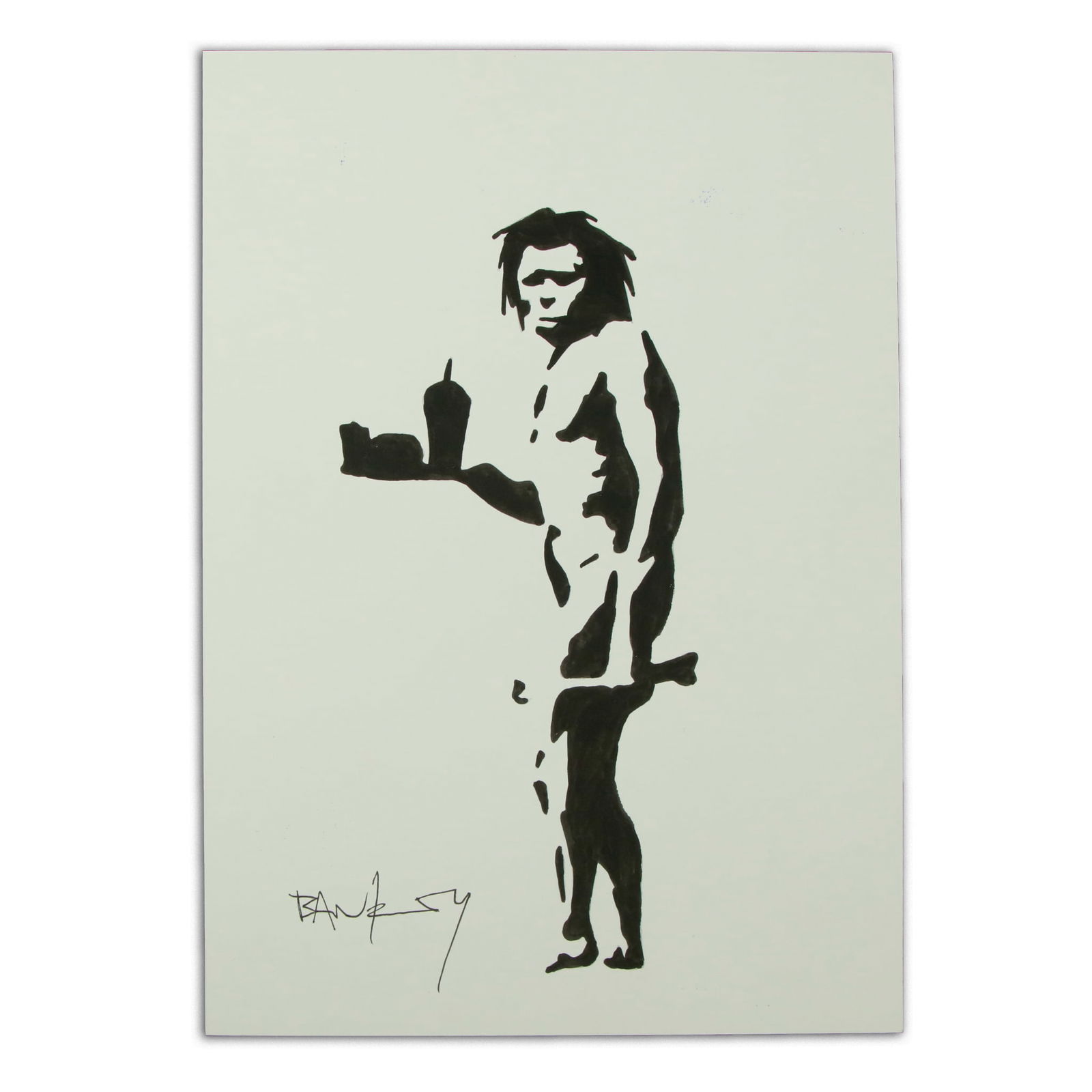 BANKSY: “Primitive Pleasures: A Satirical Feast”: Title: “Primitive Pleasures: A Satirical Feast” Artist: Style of Banksy Item Details: Medium: Mixed Media Marker Drawing on Heavy Paper Dimensions: 11.75 x 8.25 inches (Unframed) Provenanc