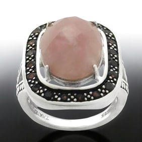 Pink Strawberry Quartz & Dark Garnet Halo Ring - Size 7