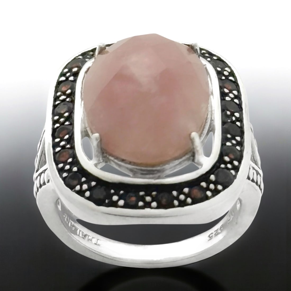 Pink Strawberry Quartz & Dark Garnet Halo Ring - Size 7 (1 of 2)