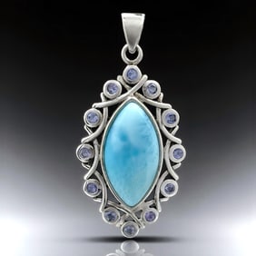 Large Marquise Shape Larimar and Gemstone SS Pendant