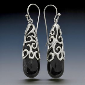 Sparkling Flecks Sandstone Scroll Filigree Teardrop Earrings