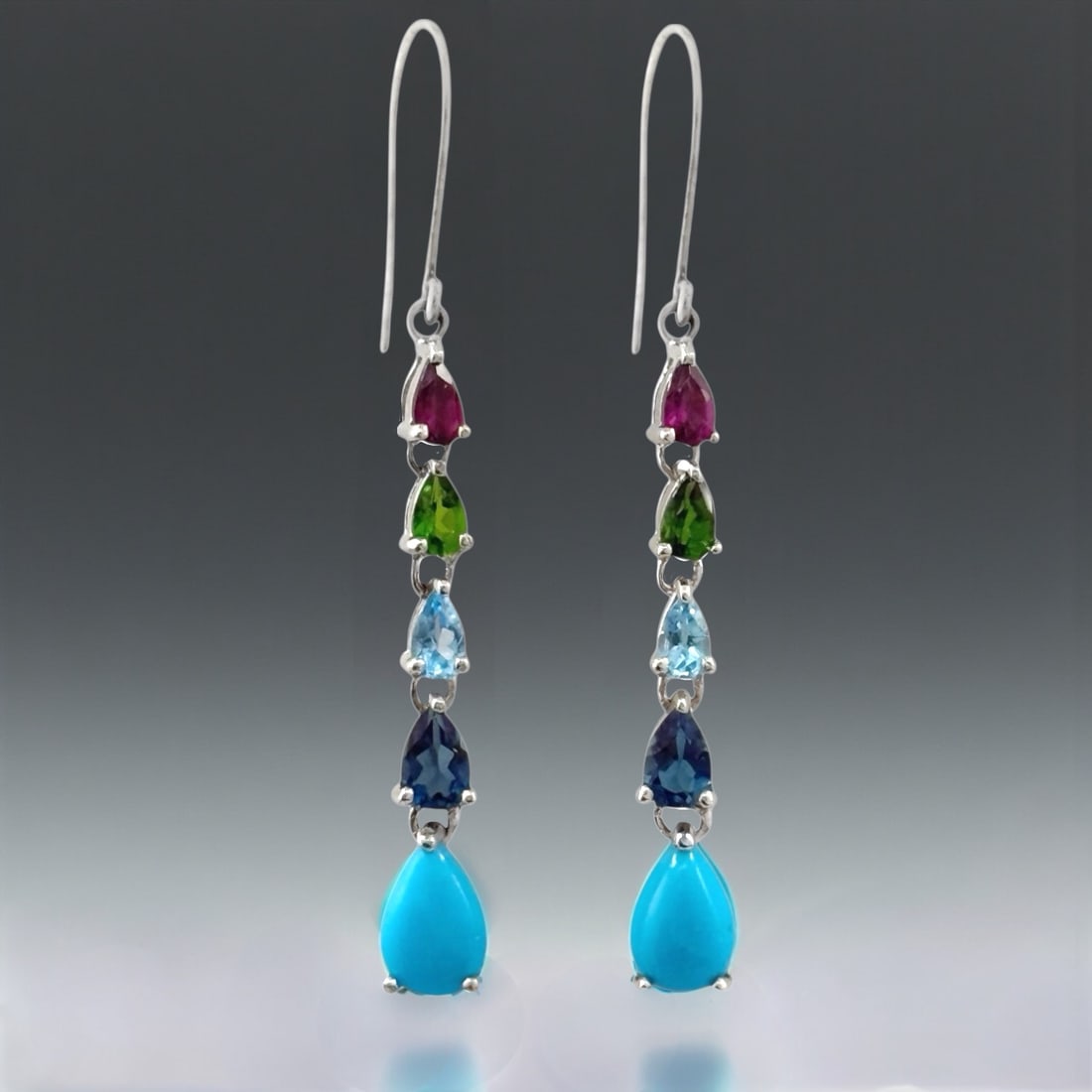 Multi Colored Gemstone & Turquoise SS Dangle Earrings (1 of 1)