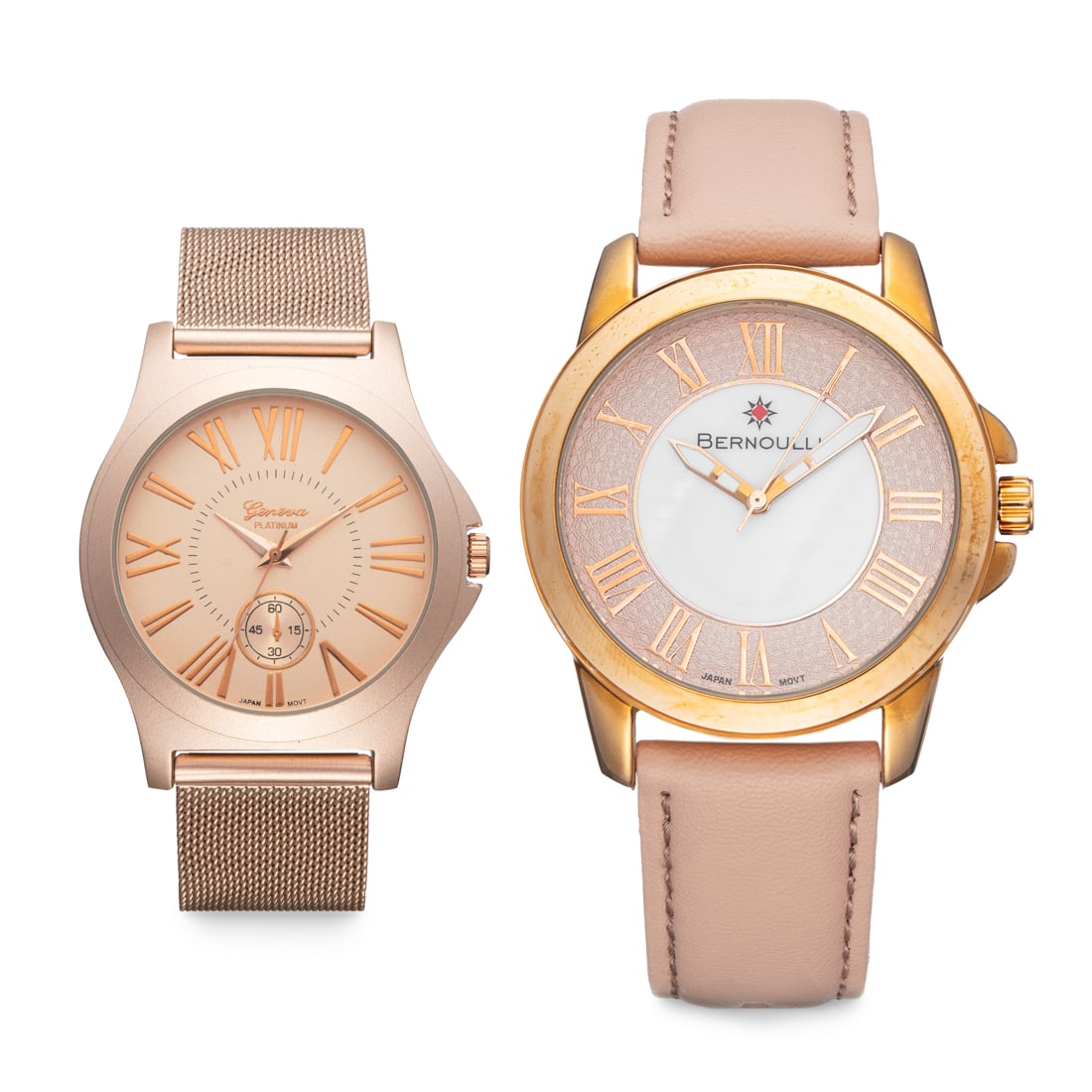 Set of 2 Bernoulli & Geneva Platinum Women’s Watches: A sophisticated pairing of classic design and modern style, this Bernoulli and Geneva Platinum set offers timeless elegance. The Bernoulli watch features a gold-tone case, textured rose dial, and soft