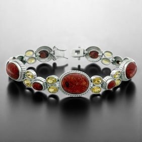 Red Coral Sterling Silver Bracelet with Citrine accents
