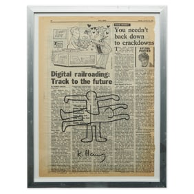 Rare Keith Haring Newspaper Art – Dynamic Dual Figures Artwork