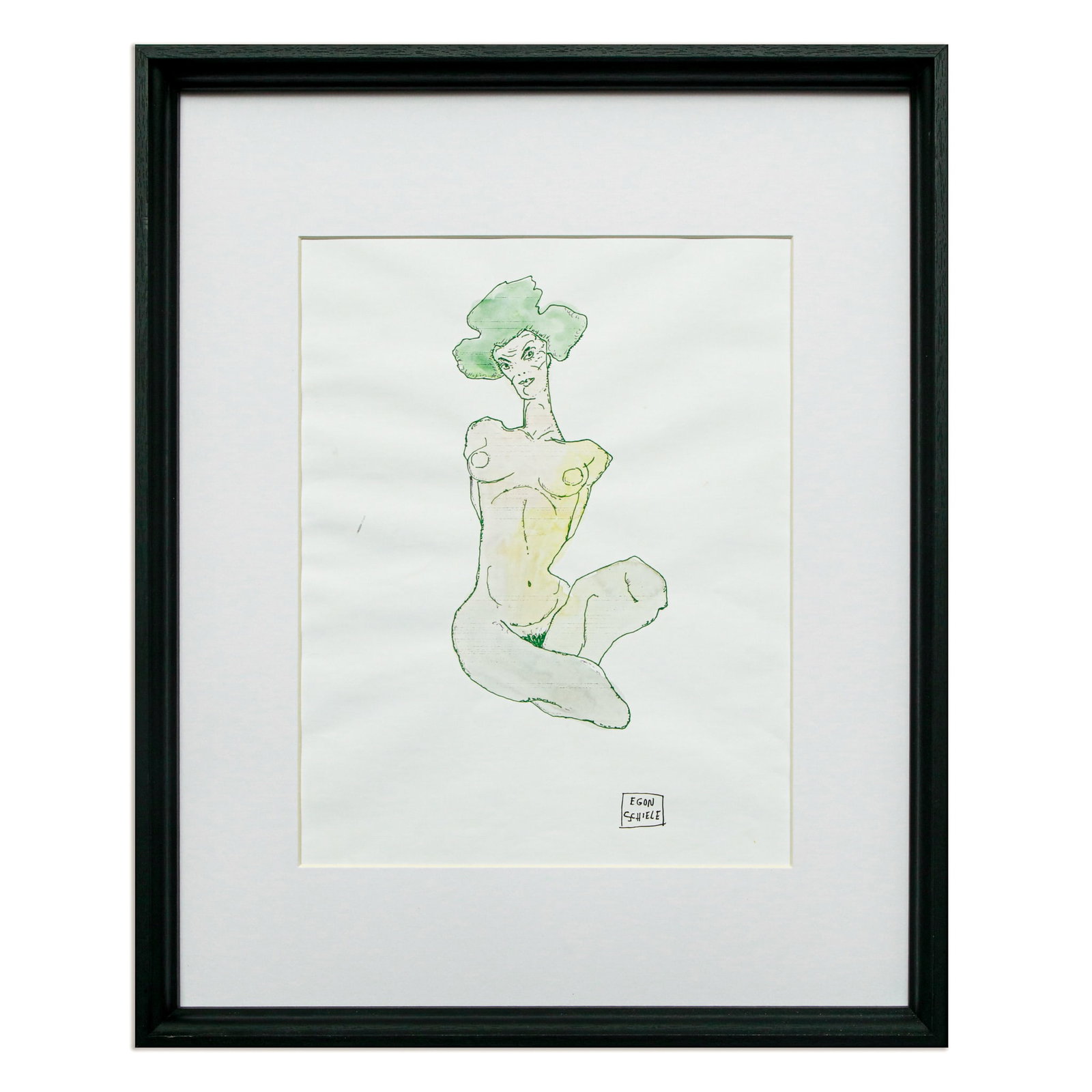 Egon Schiele Mixed Media Artwork - Nude Study with Watercolor Accents: Title: Egon Schiele Mixed Media Artwork - Nude Study with Watercolor Accents Item Details: Artwork Type: Print augmented with Watercolor on Paper- Signature: Features the authenticated signature of "E
