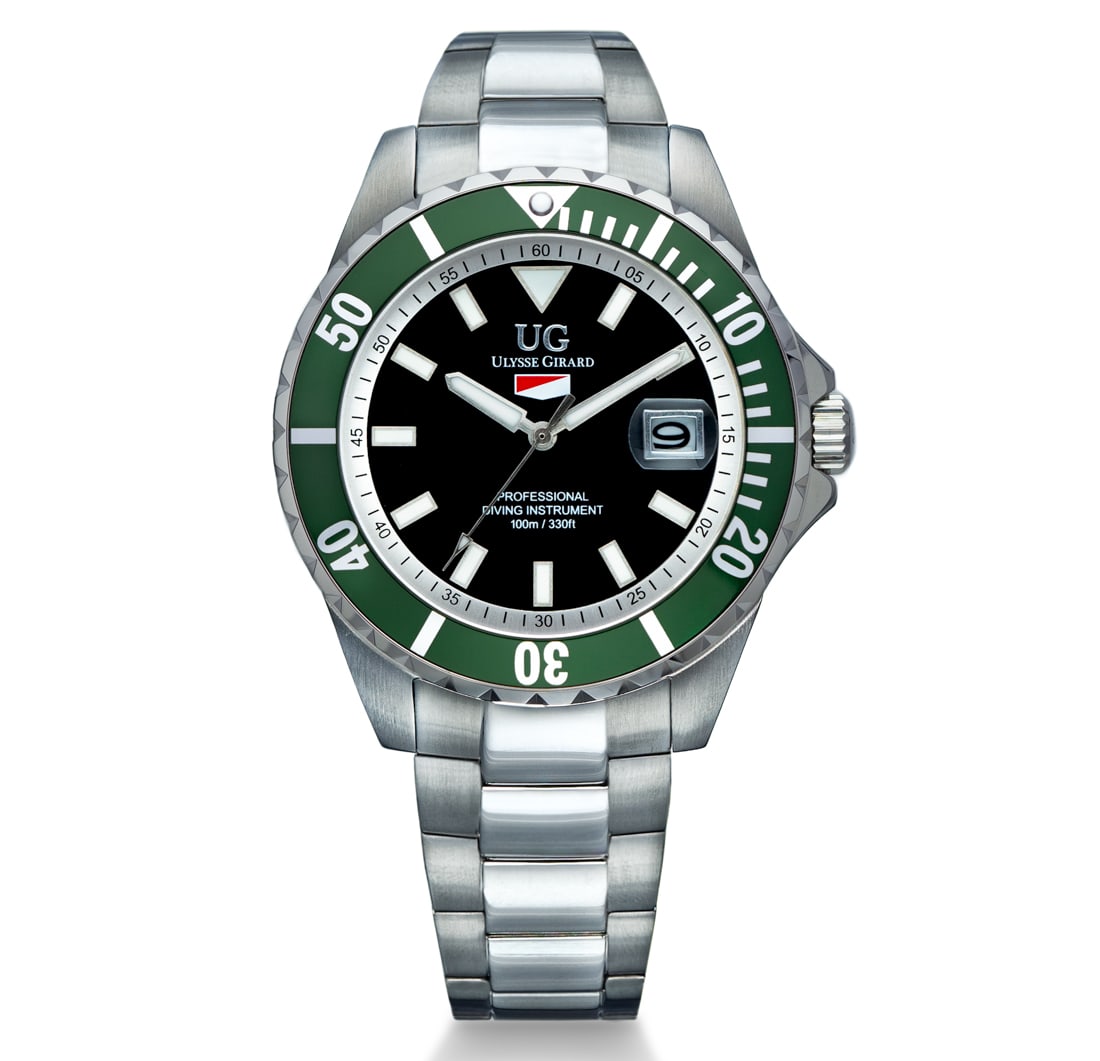 Ulysse Girard Watch Blue Fin Collection–Black Dial & Green Bezel: The Ulysse Girard Watch Blue Fin Collection blends sport-ready durability with refined elegance. Its striking green dial and green bezel create a captivating contrast, housed in a robust stainless ste