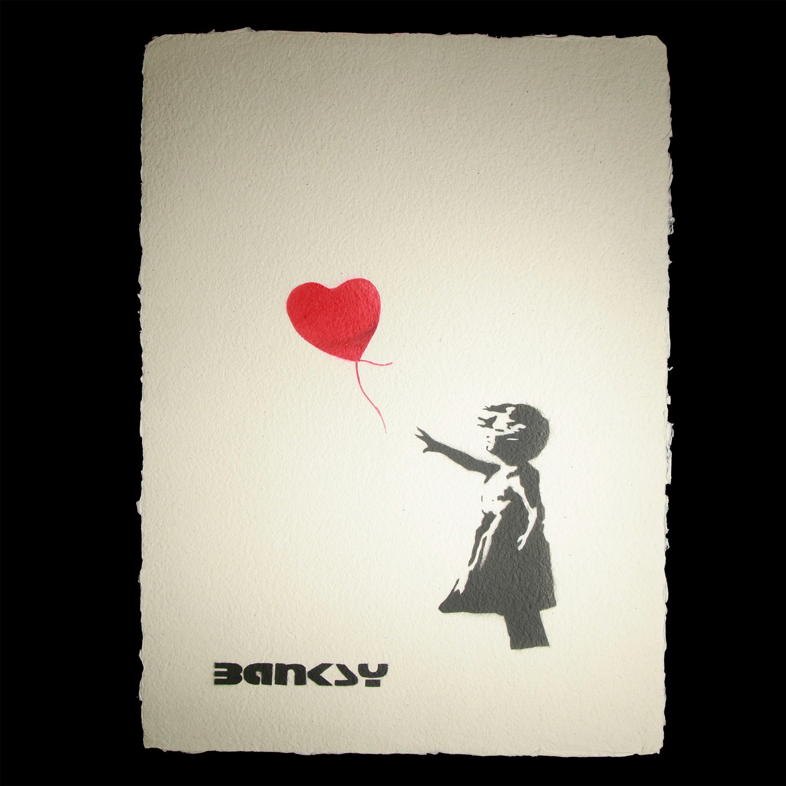 Banksy "Girl with Balloon": Title: Banksy "Girl with Balloon" Item Details: Artist: Attributed to Banksy- Title: Girl with Balloon- Medium: Black and white image on off-white heavy paper- Dimensions: 19.5 x 14 inches- Distinctiv