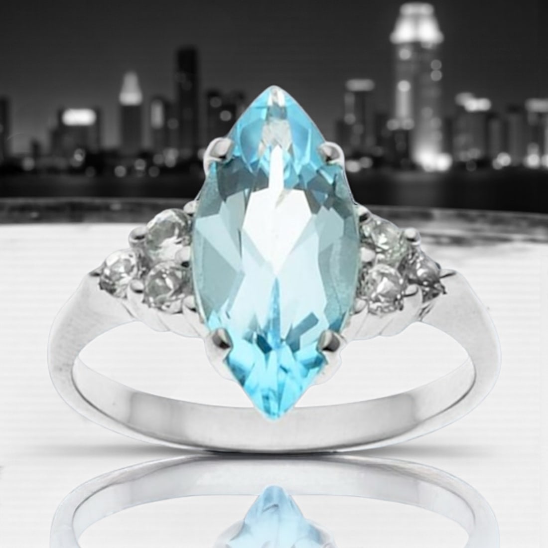 Marquise Sky Blue Topaz & White Topaz Silver Ring (1 of 1)