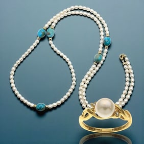 Timeless Freshwater Pearl Ring with Pearl&TQ Bead Necklace Set