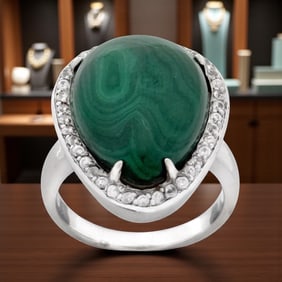 Organic Shaped Green Malachite Sterling Silver Halo Ring