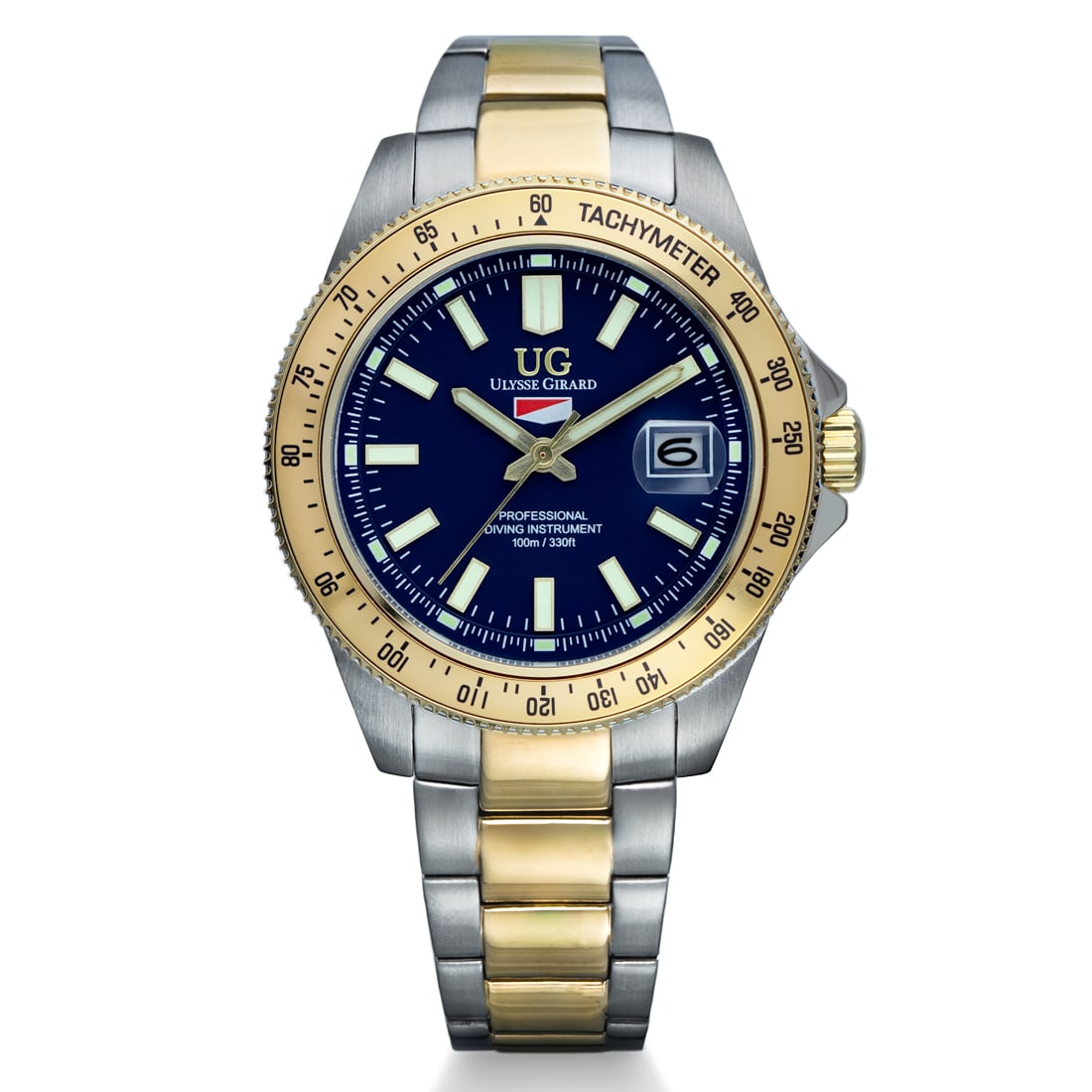 Ulysee Girard - Marlin Collection-Blue Dial & Goldtone Bezel: Engineered for precision and endurance, the Ulysse Girard Marlin Collection combines classic dive-watch styling with professional functionality. Featuring a stainless-steel case, tachymeter bezel, & l