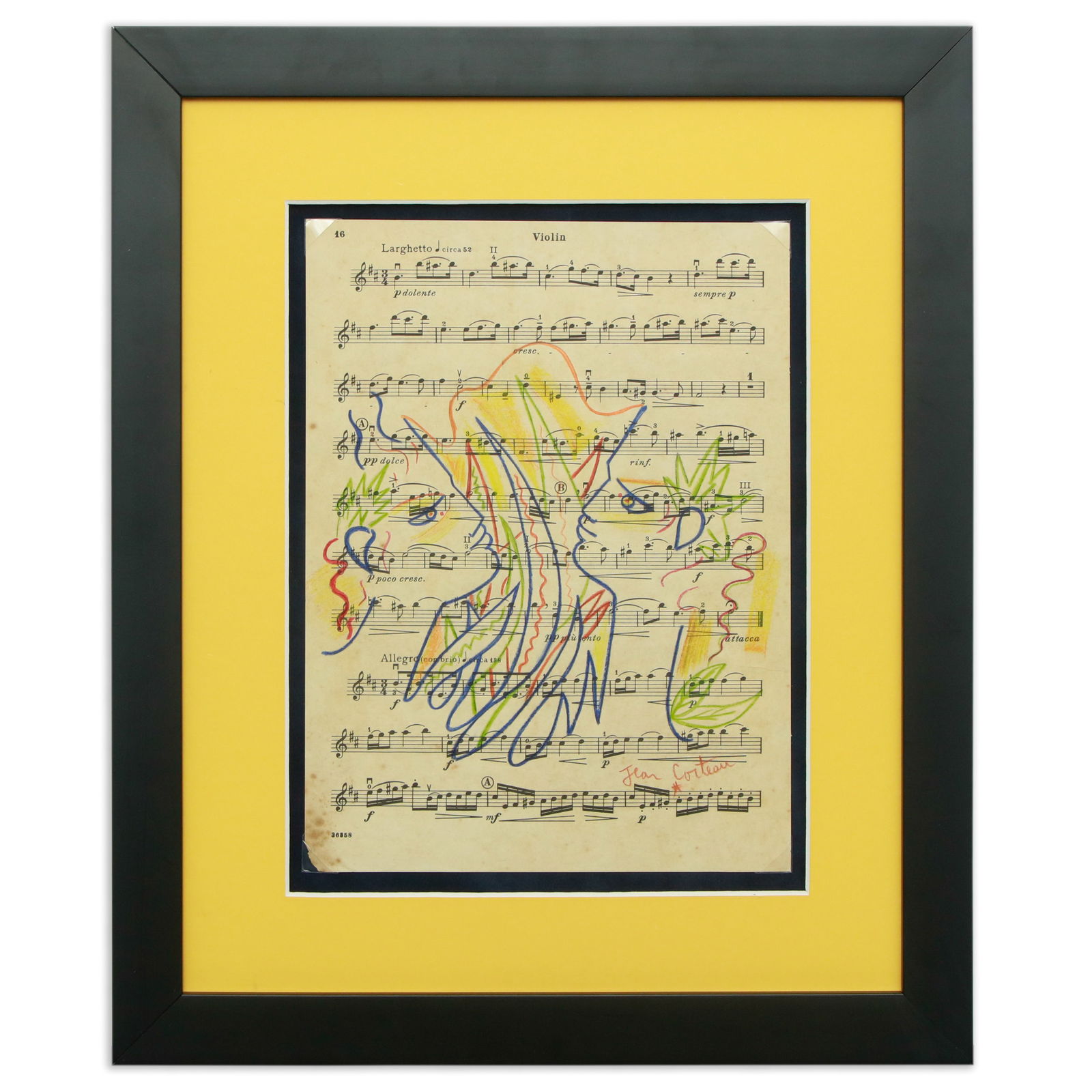 Jean Cocteau Doodle on Sheet Music: "Dual Serenade": Title: Jean Cocteau Doodle on Sheet Music "Dual Serenade" Overview: Medium: Drawing on Sheet Music Dimensions: 11.25 x 8.5 inches Estimated Auction Value: $25,000 - $50,000 Provenance: Consigned by a