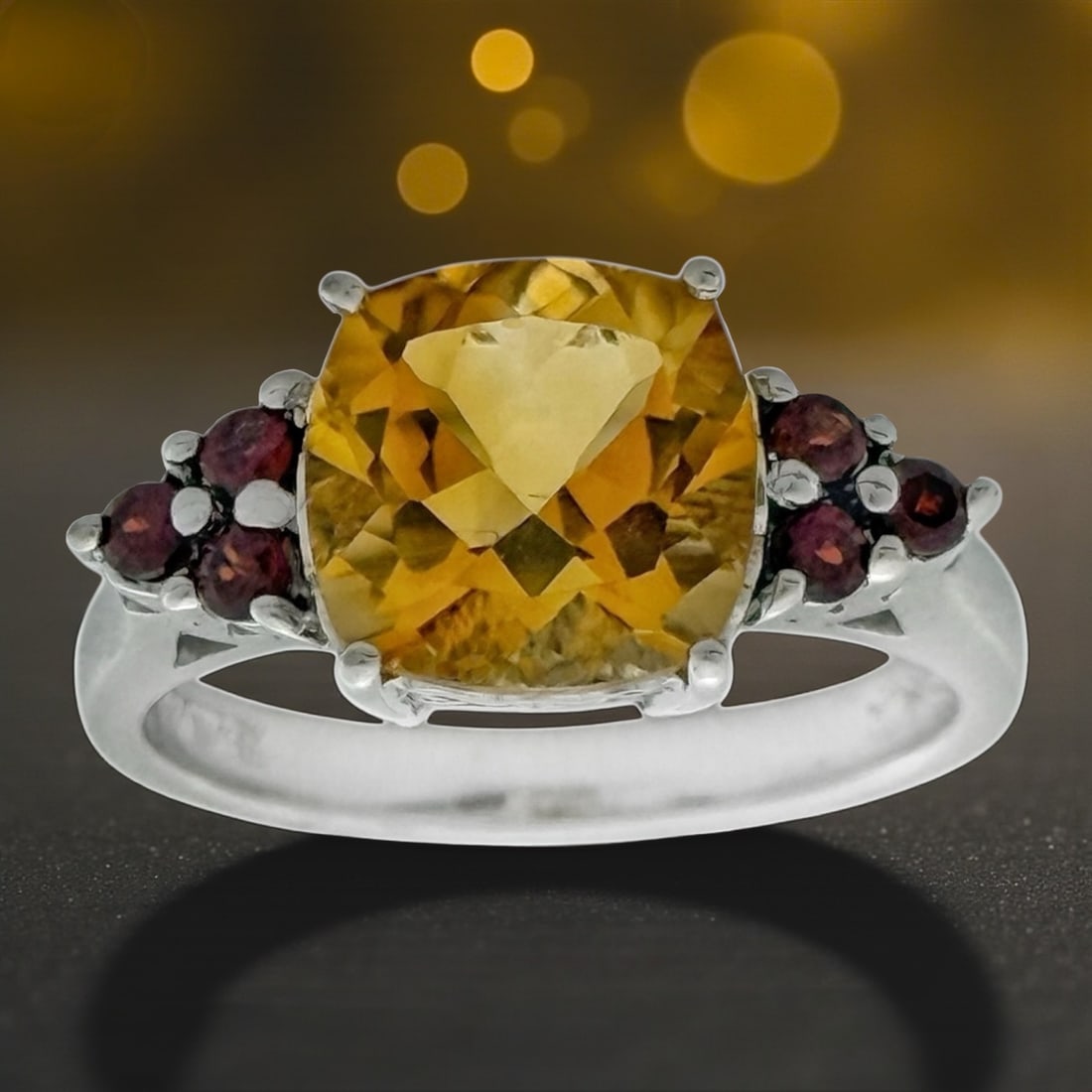 Luxurious Cushion Cut Citrine & Garnet SS Ring Size - 7.25 (1 of 1)